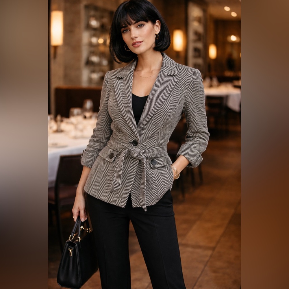LOFT Herringbone Tie-Waist Blazer in Gray and Black